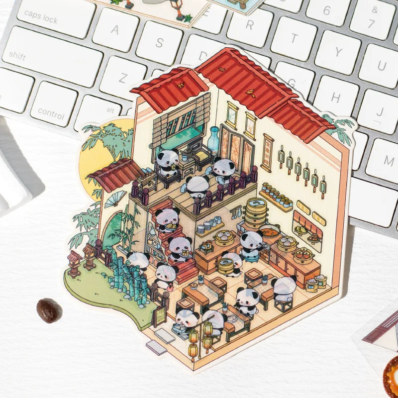 3 Pcs/Pack Chinese Style Panda 3D House Series Mini Scene Building Stickers, Stackable Layered Cabin Journal Decorative Stickers