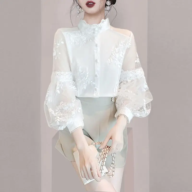 Elegant Stand Collar Gauze Embroidery Puff Sleeve Shirts Women\'s Clothing 2024 Summer New Loose Korean Tops Office Lady Blouses