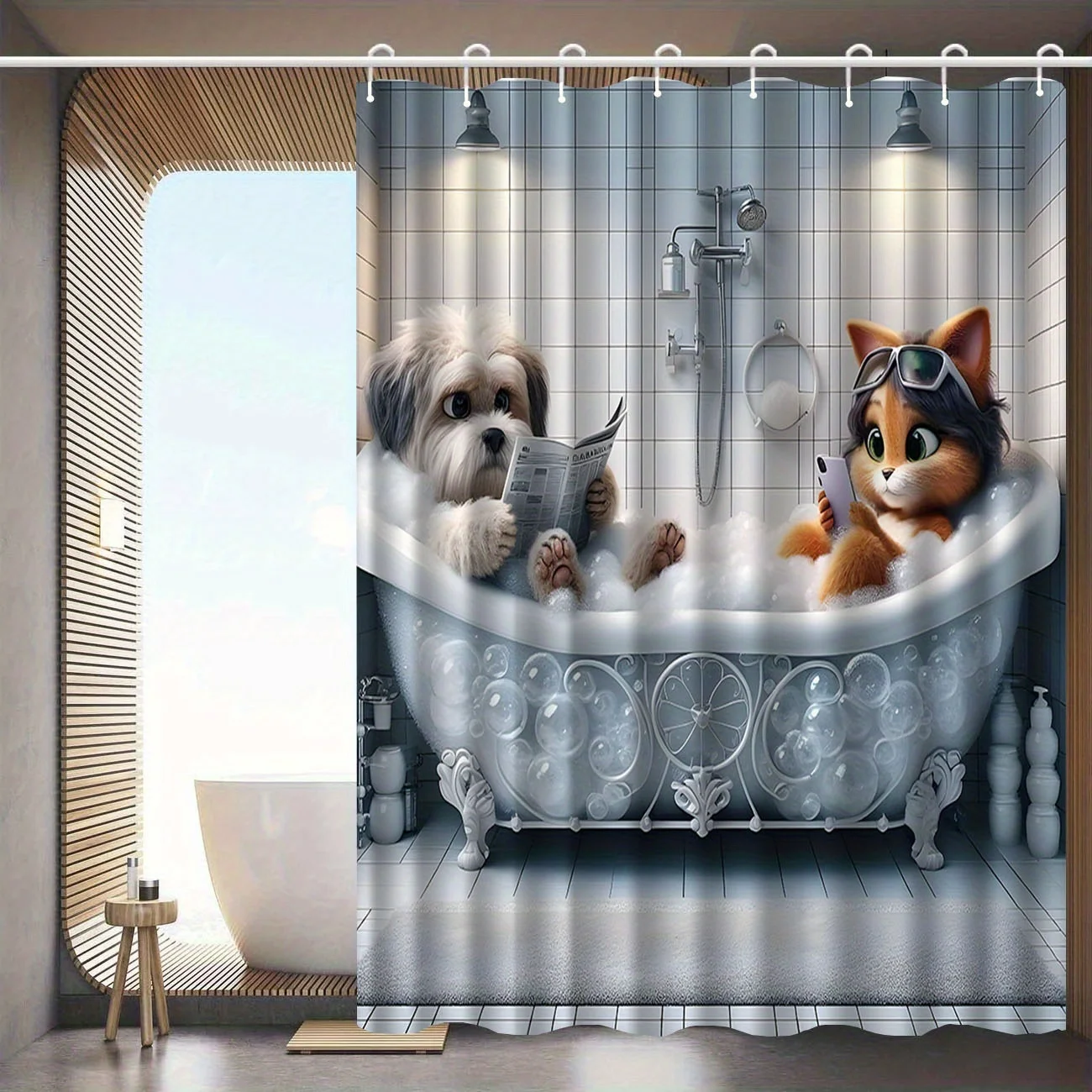 Funny Cat Dog Shower Curtain, Cute Pet Bathing Print Waterproof Bathroom Decor, Cartoon Animal Home Bath Screen