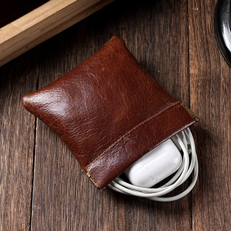 Top Grain Oil Waxed Cowhide Squeeze Coin Purse,Automatic Closing Jewelry Bag,High-Quality Leather Mini Card Holder Storage Pouch