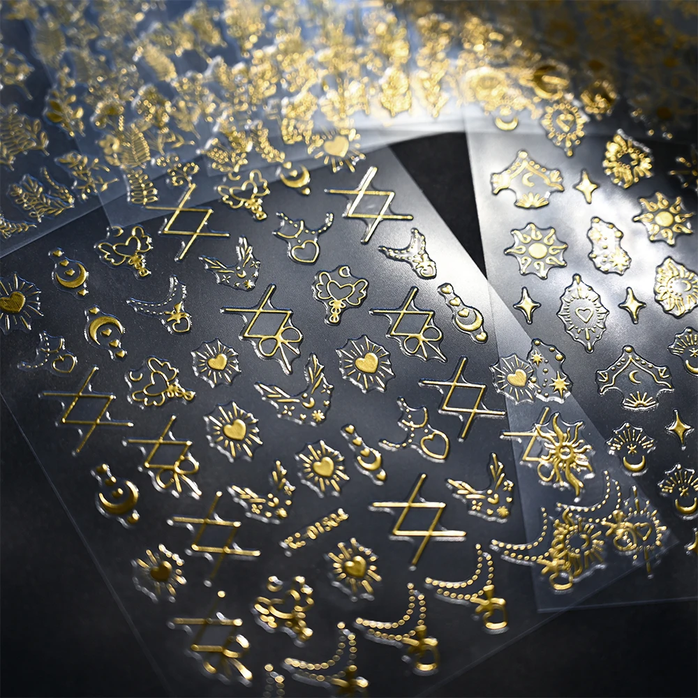 12Pcs/set 3D Bronzing Gold/Silver tar Moon Nail Art Sticker 8*10cm Star,Leaf,Moon,Flower Decal DIY Y2k Star Moon Adhesive Slider