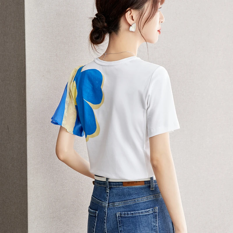 Spliced Print Short Sleeve T-shirt Women Clothing 2024 Summer New Slim Fit Casual O-neck Tops Tees Shirts Female D2920