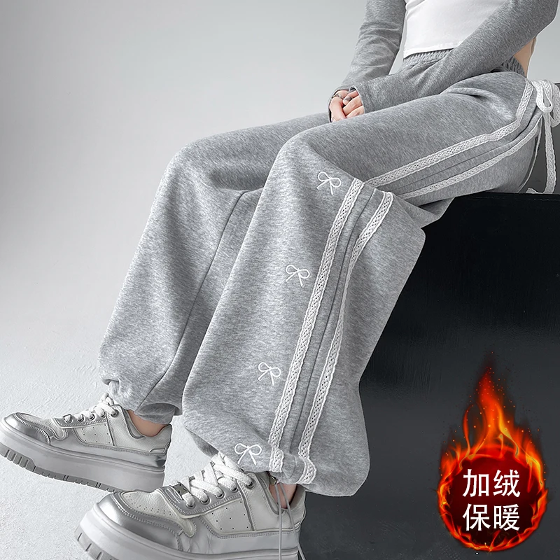 

Lace Patchwork Embroidered Bow Pants Women Elastic Waist Wide Leg Full Pants Black Grey Trousers Female Loose Casual Sweatpants