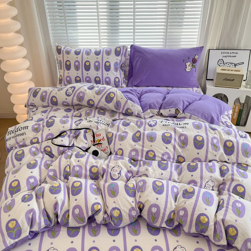 Purple Tulip Bunny Duvet Cover 4pcs Bedding Set Reversible Quilt Cover Polyester Comforter Cover 1 Flat Sheet with 2 Pillowcases