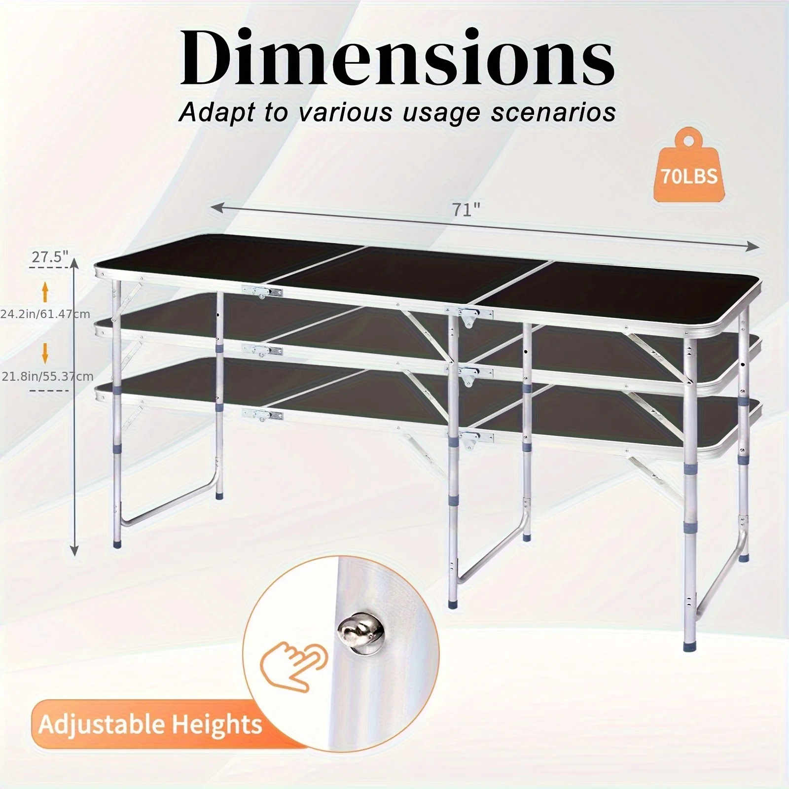 6ft Black Wood Grain Aluminum Outdoor Folding Table Portable Camping Picnic Table