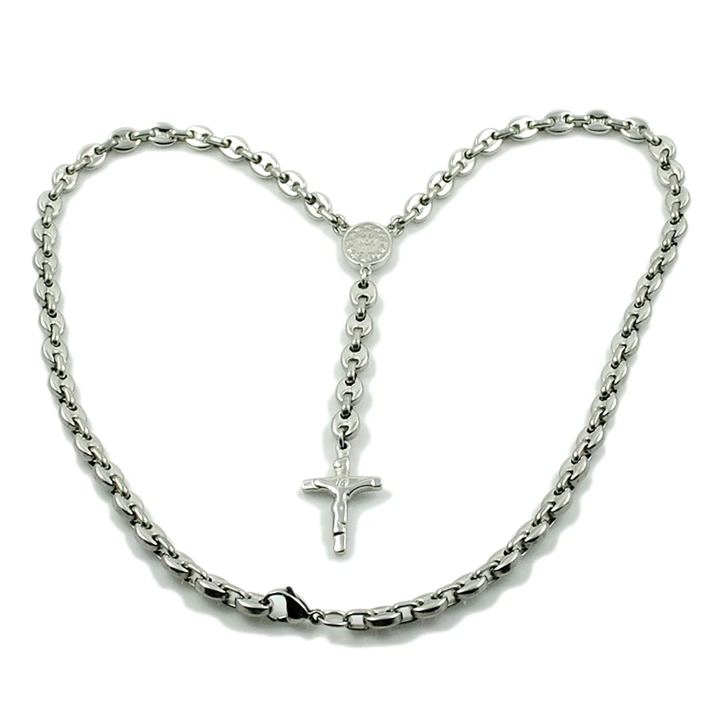 AMUMIU Romantic Rosary Beads Chain Necklace Stainless Steel Cross Pendant Religious Party Lover For Womens Mens HZN095