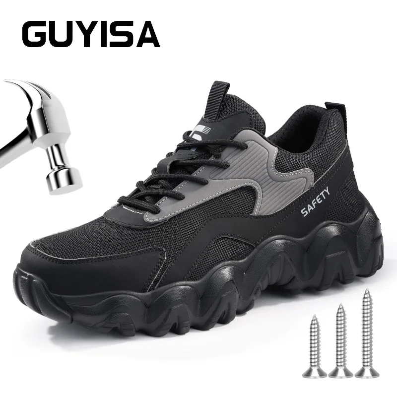 GUYCrawChaussures de sécurité pour homme, chaussures de travail en acier, Parker, protection contre les crevaisons, confortables, douces, noires, respirantes