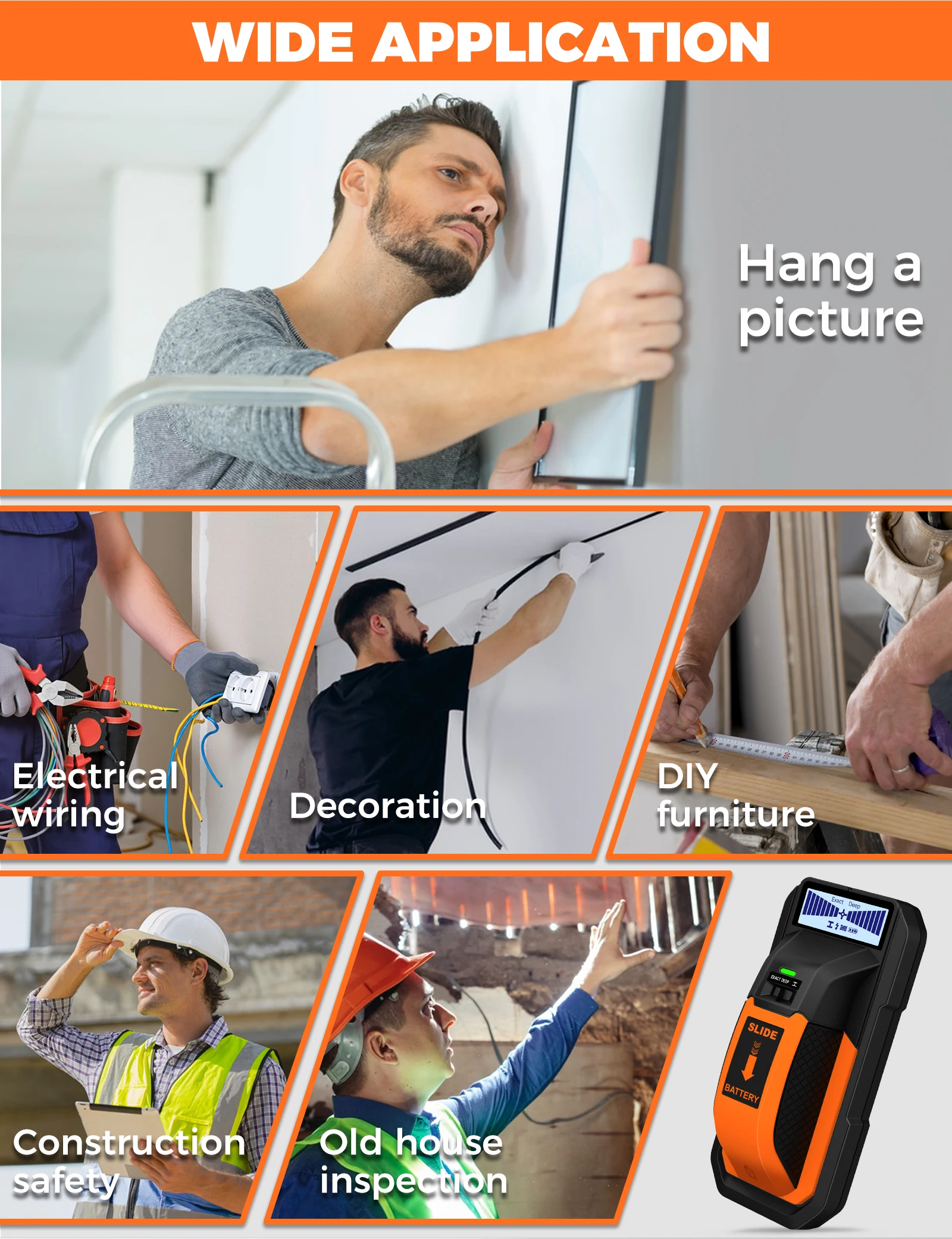 5-in-1 Stud Finder Wanddetektor Multifunktions-Wandscanner für AC-Kabel, Holz- und Metallerkennung, Tiefenmessgerät – Detail 11