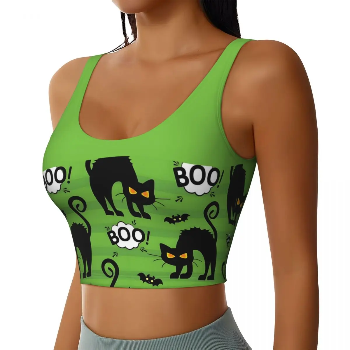 Custom Halloween Angry Cat Allover Green Workout Crop Tank Tops Women Running Sports Bras