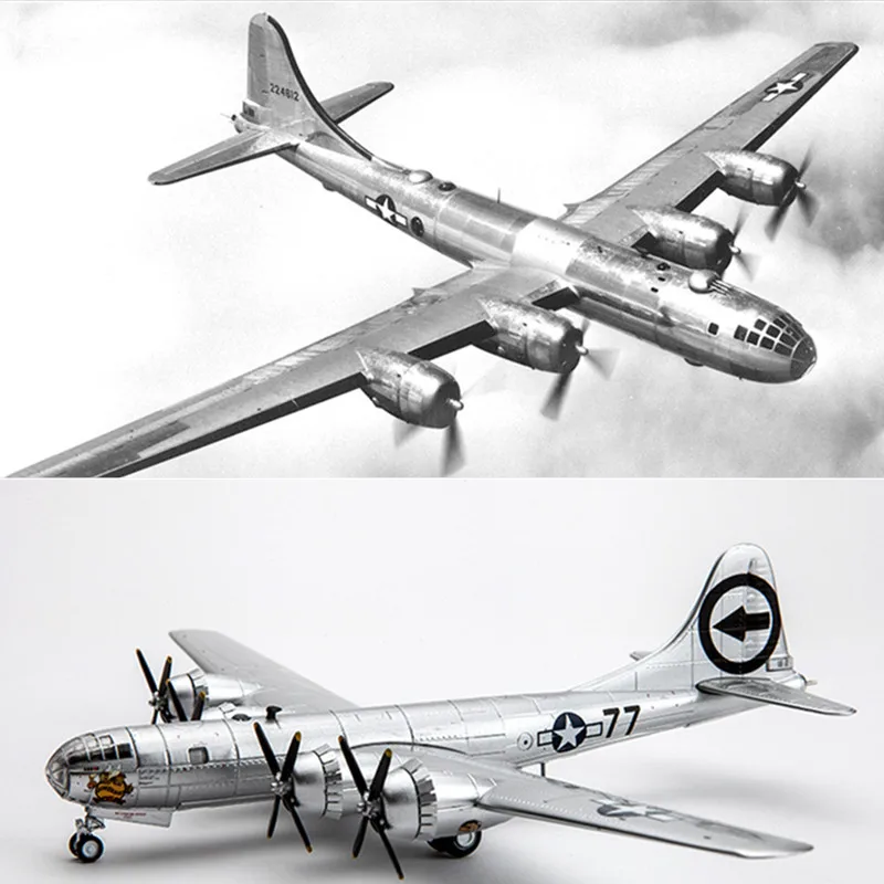 

Масштабная модель 1:144, американский B-29, супер летающая крепость, четырехпоточный сверхмощный пропеллер-бомбардировщик с украшением для маленького мальчика/толстого человека