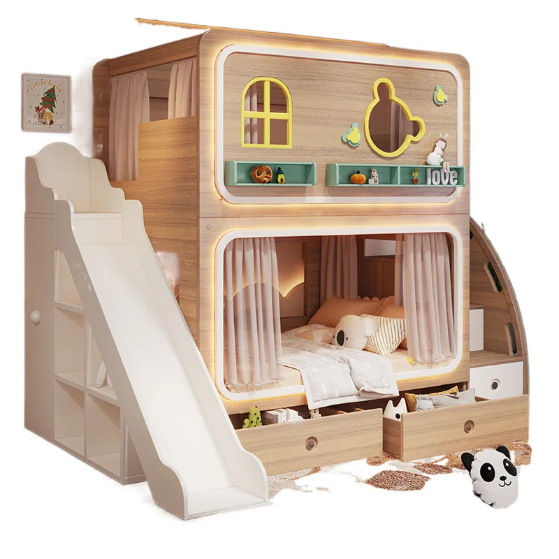

Log color small apartment bunk bed siblings high and low children and mothers get on and off the bed
