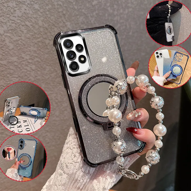 Bling Glitter Lipstick Mirror Stand Phone Case For Samsung Galaxy A13 A04s 13 LTE With Pearl Chain Anti-drop Shockproof Cover