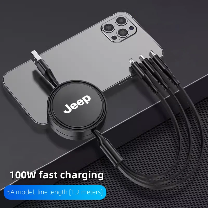 Cabo de dados de carregamento rápido 3 em 1, interface usb tipo c retrátil para jeep wrangler jk rubicon renegade compass grand cherokee