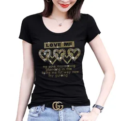 Slim Short Sleeve T Shirt Women's Young Summer Cotton Tops Mother Small Shirt Fashion Hot Drill Tees Love Me