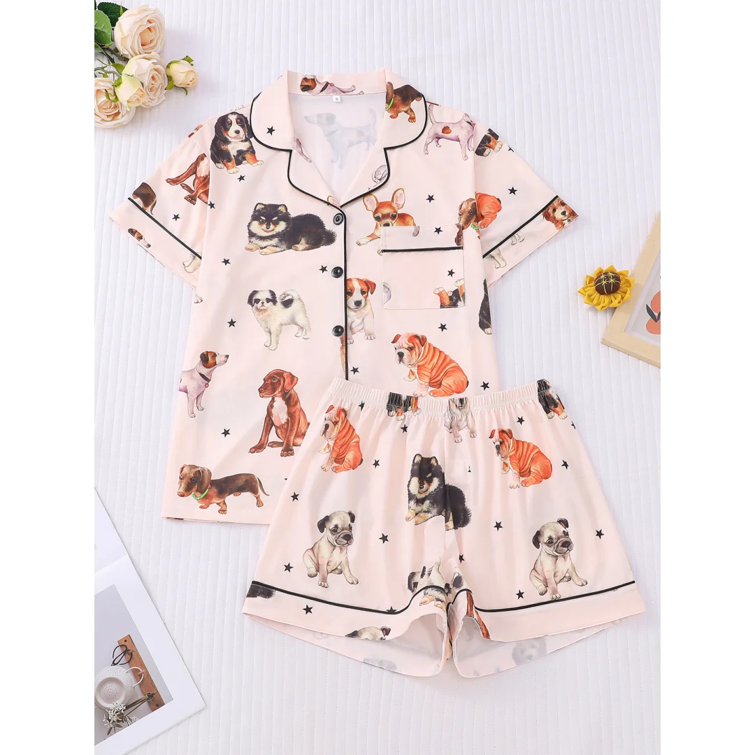 

Cute Women's Pajamas with Dog Puppy Print Home Wear Set Lapel Short-sleeved Shirts and Pants Nightgown Valentine's Day Gifts
