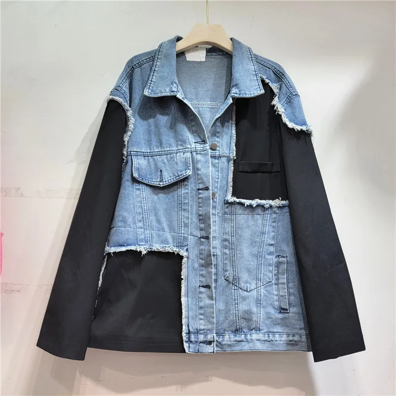 

SuperAen Denim Jacket for Women Korean Design 2024 Spring and Autumn New Retro Loose Fake Two Piece Spliced Jacket