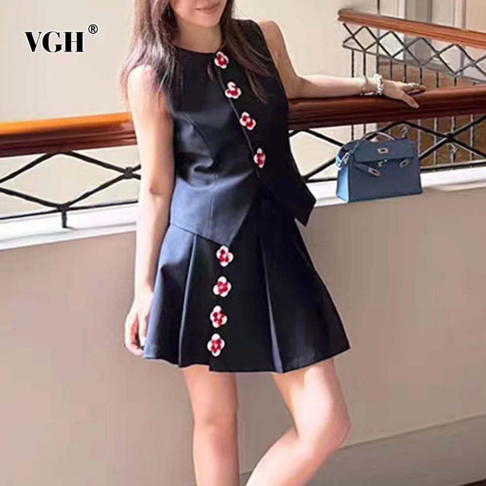 

VGH Solid Spliced Button Slimming Casual Two Piece Sets For Women Round Neck Sleeveless Top High Waist Skirt Chic Set Female New