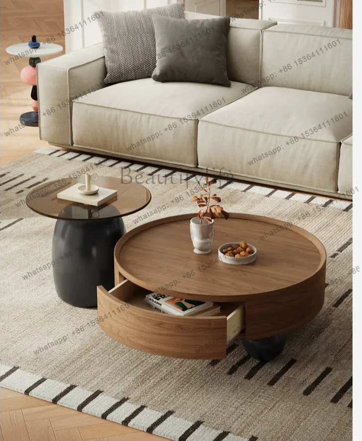 

LD antique round coffee table walnut leather high-end small round table