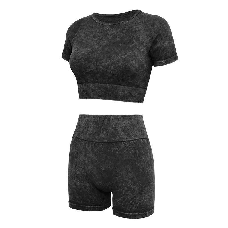 Bezszwowy zestaw do jogi Damski dres Acid Wash Crop Top T-shirt Spodenki z wysokim stanem Odzież gimnastyczna Strój sportowy Zestawy strojów treningowych 2-częściowy