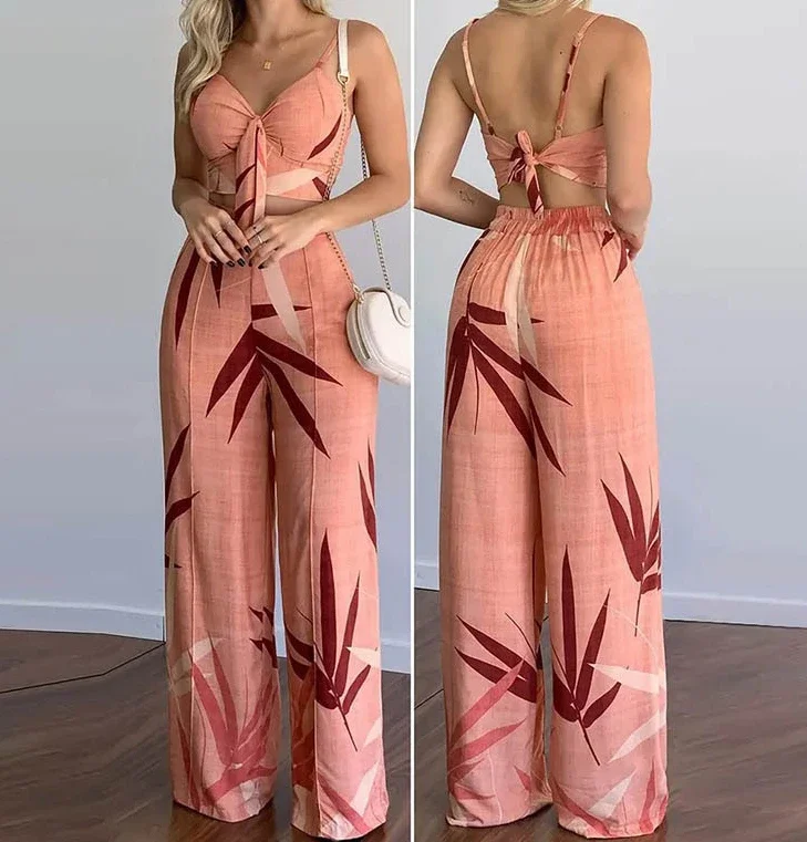 Elegant Pants Set Women 2 Piece 2024 Summer New Print Temperament Sexy Cami Top & Fashion Straight Leg Trousers Casual Suits