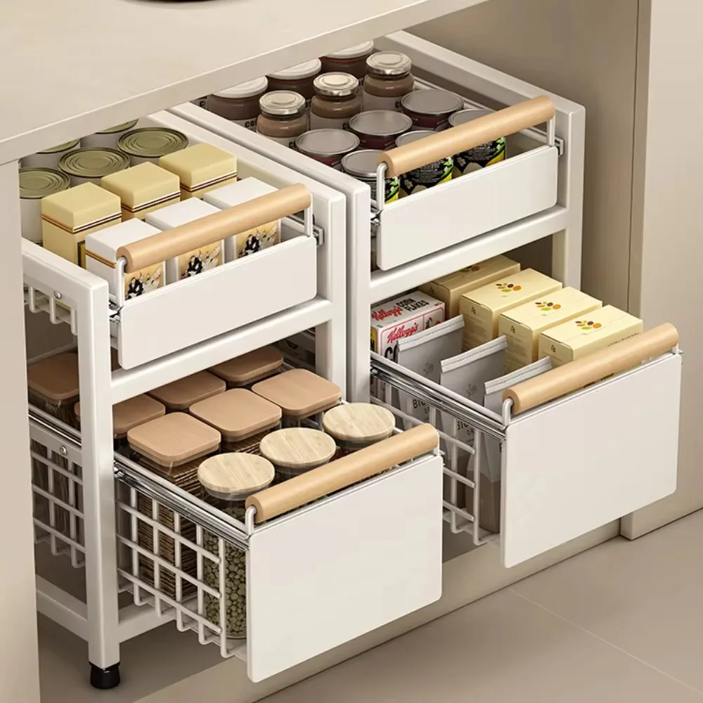 Kitchen Sink Storage Rack Sink Pull-Out Organizer Carbon Steel Bathroom Rack Layered Seasoning Storage Shelf Countertop Cabinet