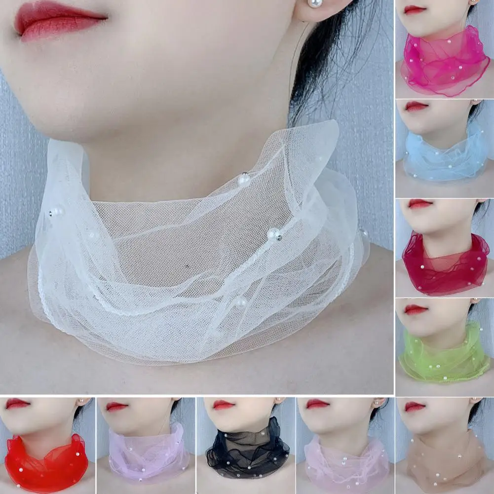 Elegant Mesh Faux Pearl Neck Collar Women Lace Beaded Neck Scarf Spring Summer Scarves Wind Sun Protection Elastic Neck Wrap