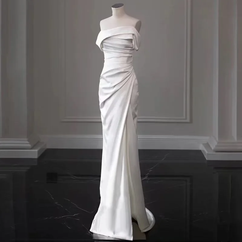 

French light wedding dress 2024 new bride simple satin one-shoulder fishtail outing yarn evening dress