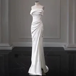 French light wedding dress 2024 new bride simple satin one-shoulder fishtail outing yarn evening dress