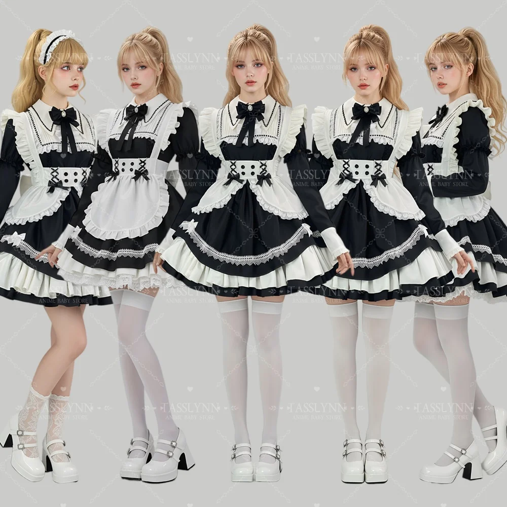 

Gothic Lolita Maid Cosplay Costume Black White Ruffle Long Sleeve Dress Vintage Ruffle Apron Dress with Bow for Cosplay