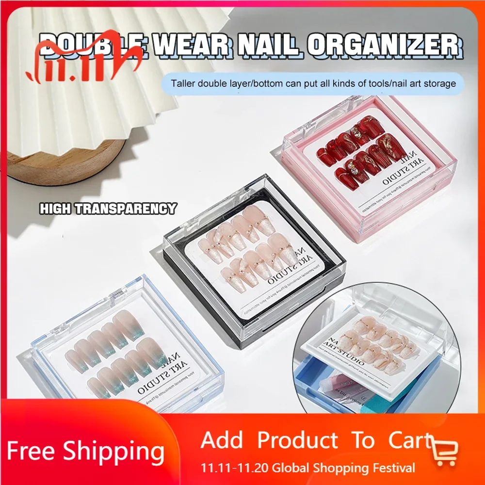 10Pcs Dual-Layer Press-On Nails Organizer 8*8cm Black/White Storage Case with Separate Compartments for Nails&Application Tools