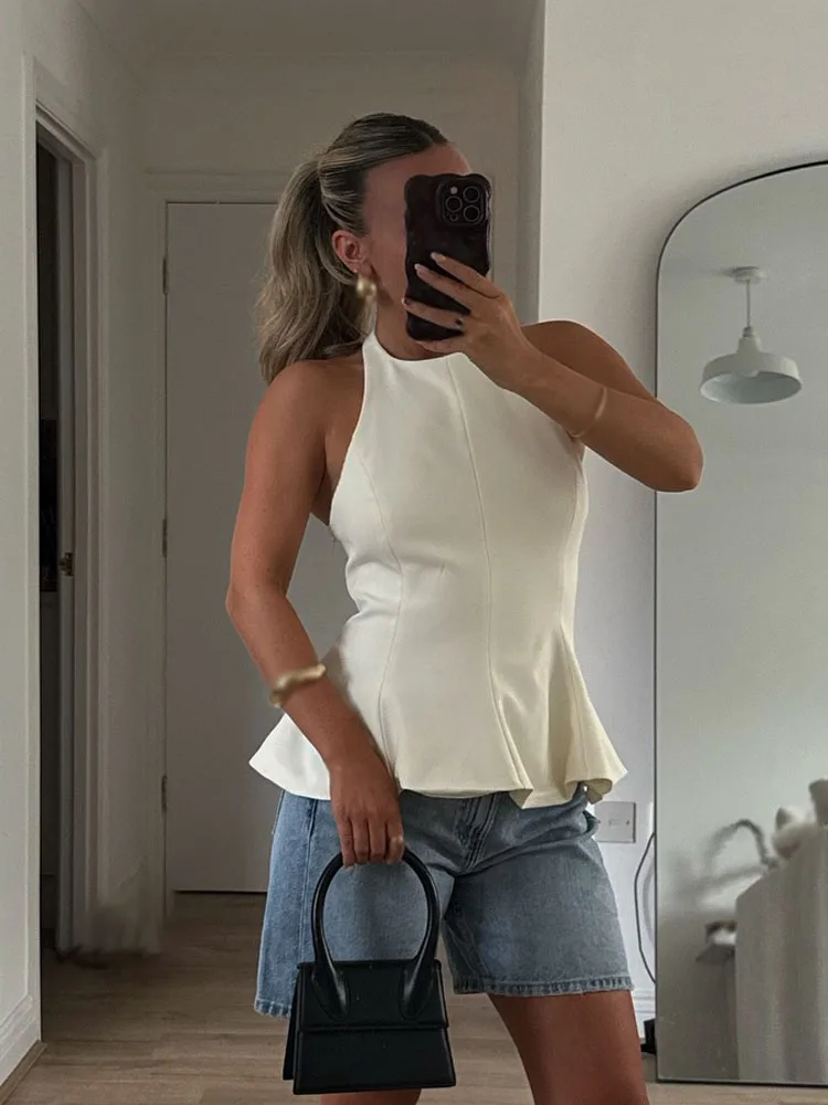 

HH Women's Sexy Sleeveless Top Hanging Neck Collar Backless Zipper Solid Summer Short Skirt Hem Fashionable 3 Colors Top