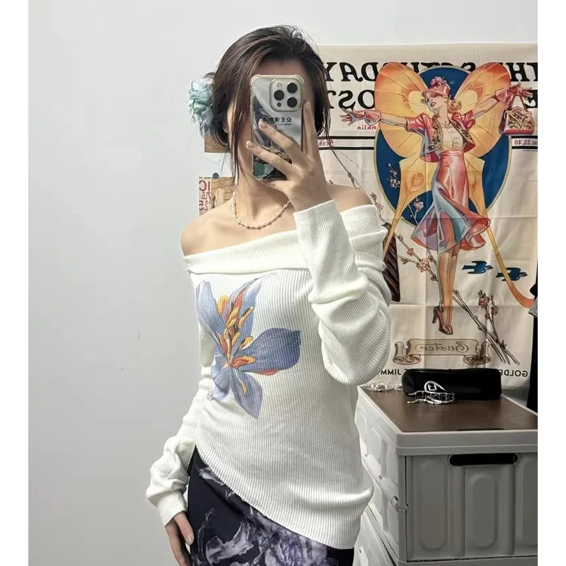 

Floral Print Long Sleeve Knitted Sweater Shoulder Bared Design for Women Commute Style Slim Fit Regular Length Autumn Top