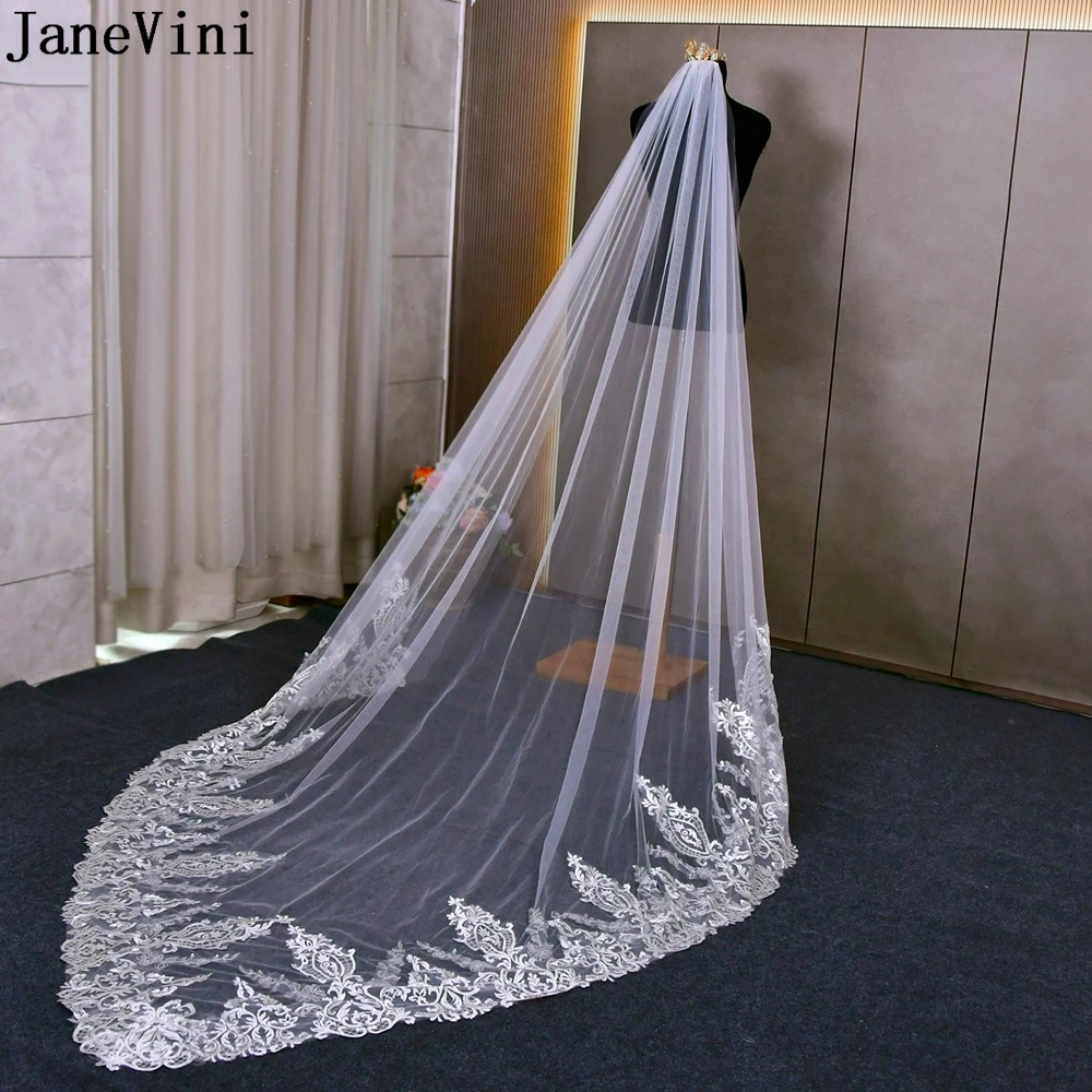 JaneVini Fashion V Shape Wedding Bridal Veils with Comb Lace Appliques Sequined Edge Tulle 3 Meters Cathedral Long Bride Veil