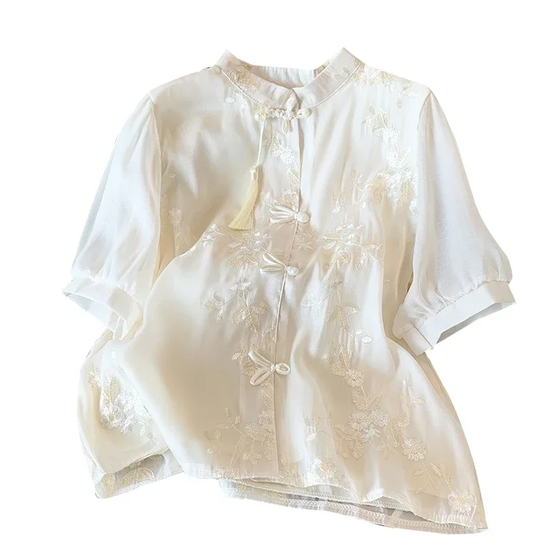 Chiffon Women's Shirts Summer Vintage Embroidery Blouses Floral Clothing Loose Short Sleeve Women Tops 2024 Korean