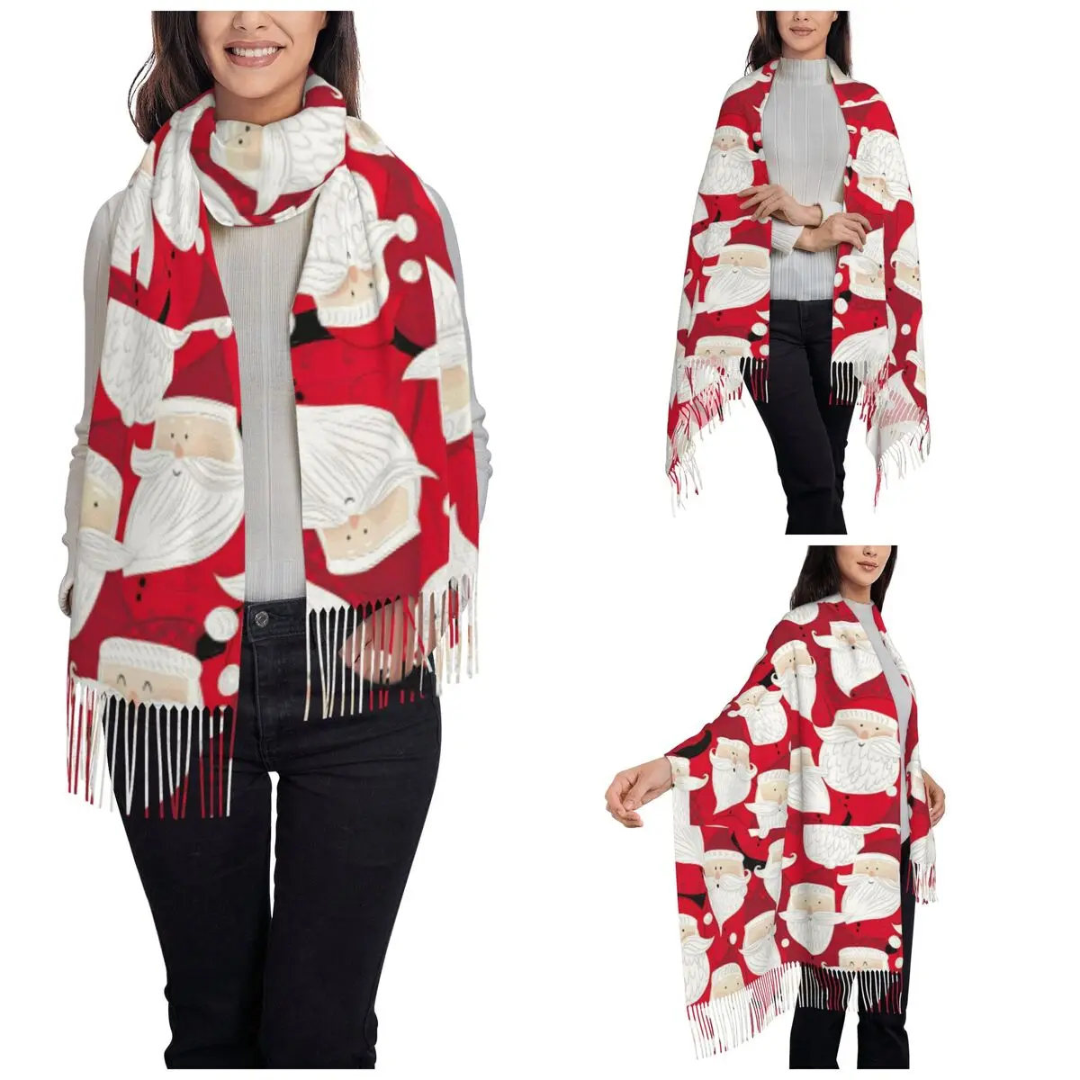 Christmas Santa Claus New Year Shawl Wraps for Women Winter Warm Single-sided Pattern Scarf Neckerchief Tassel Scarves