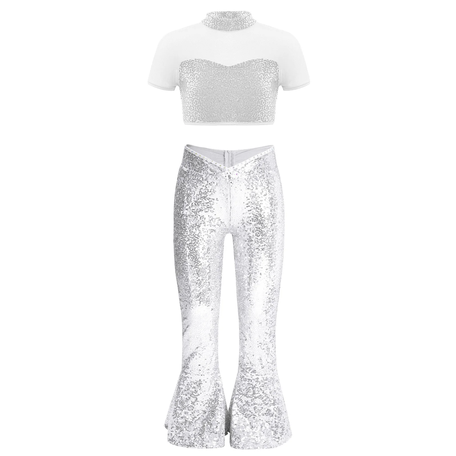 

Kids Girls 2Pcs Jazz Dance Outfit Mesh Sequins Crop Top with Flared Pants Modern Dance Performance Costume Latin Jazz Dance Wear