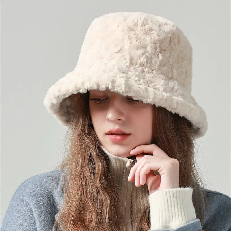 1Pc Winter Warm Bucket Hat Unisex Faux Fur Solid Color Fisherman Cap Women Soft Furry Panama Hats Fashion Casual Outdoor Sun Cap