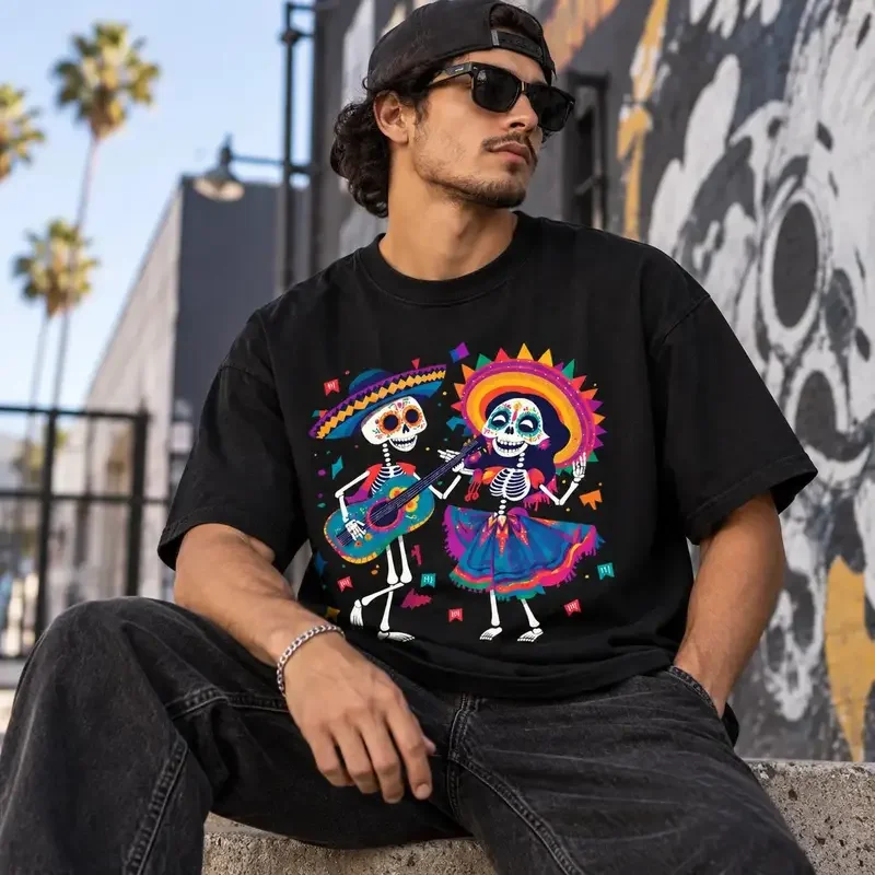 Dia De Los Muertos Sugar Skull Graphic T-Shirt, Colorful Skeleton Couple Tee with Mexican Fiesta, Mariachi Music and Retro Streetwear Vibes