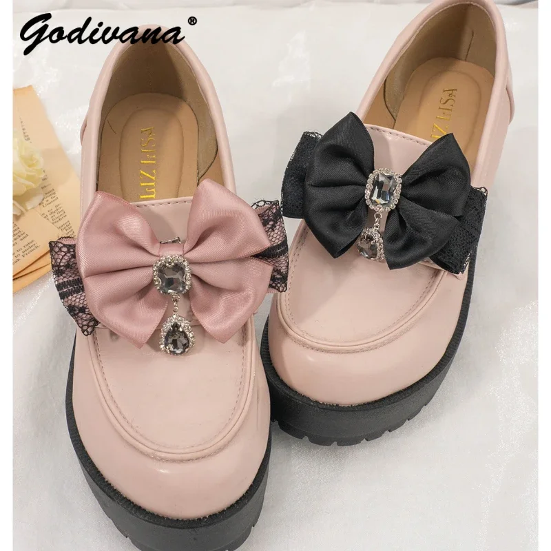 

Mine Series Black Pink Rhinestone Lace Bow Shoes Clip Student Girls Lolita Shoe Buckle Shoe Ornament JK Uniform Shoes Clips