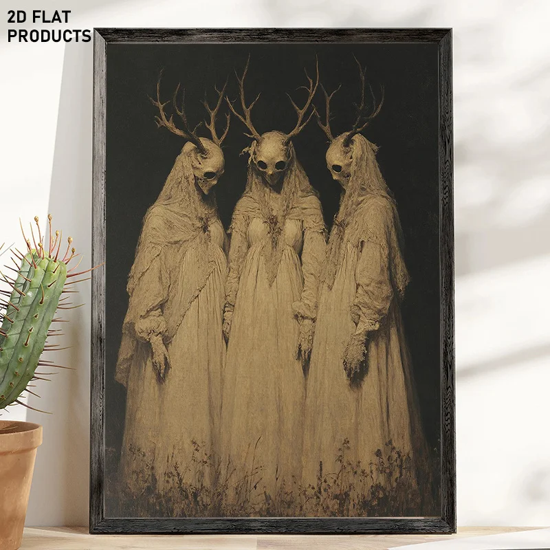 2D Flat, 1pc, 2D Flat, Multi-Size Frameless Canvas Art, Mysterious Sisters - Witch Horror Artwork, Dark Academia Style, Creep
