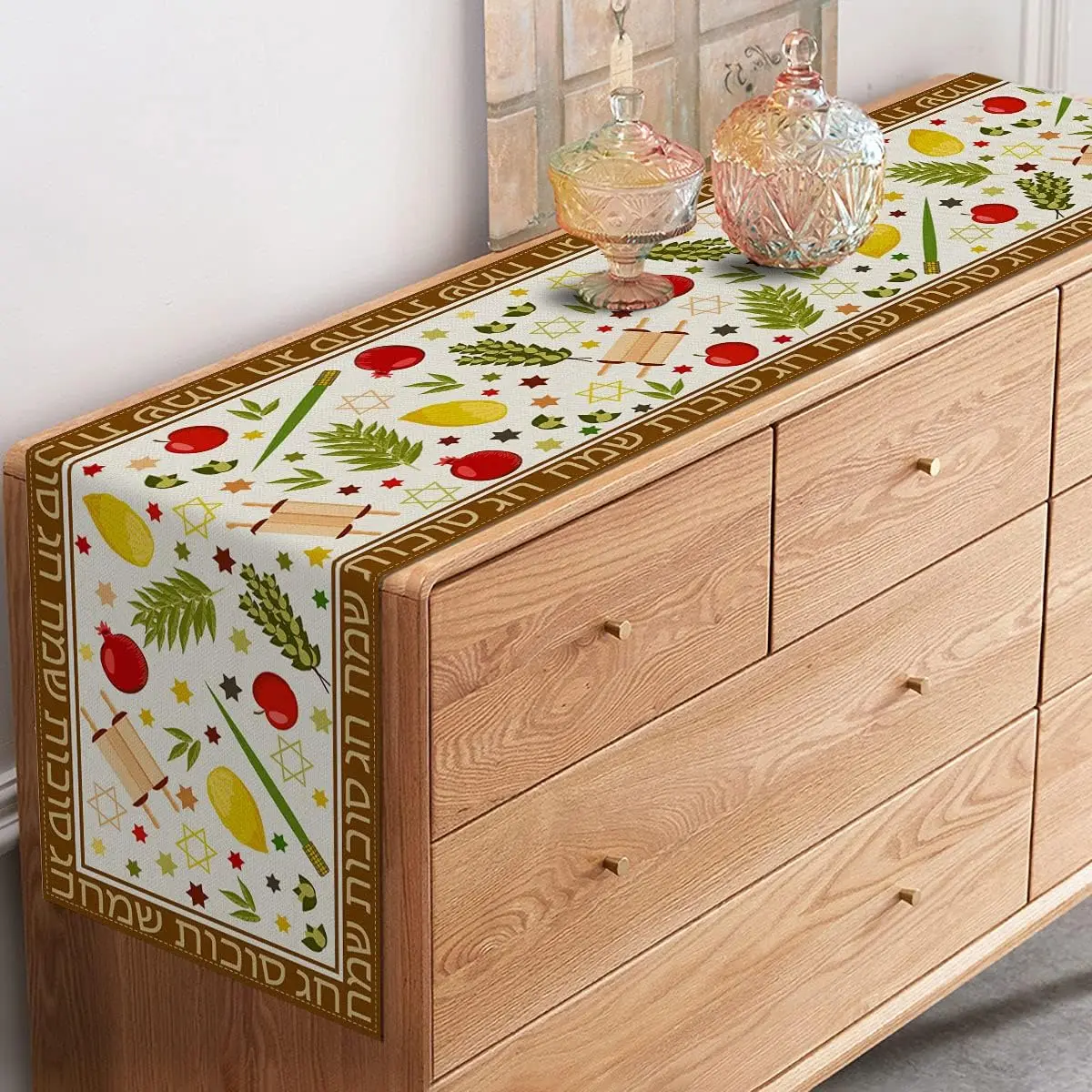 عداء طاولة من الكتان سعيد سوكوت ، ديكور حفلة الأعياد ، إيتروج لولاف ، العبرية ، الحصاد اليهودي ، عداء طاولة الطعام بالمطبخ ، ديكور الزفاف #4