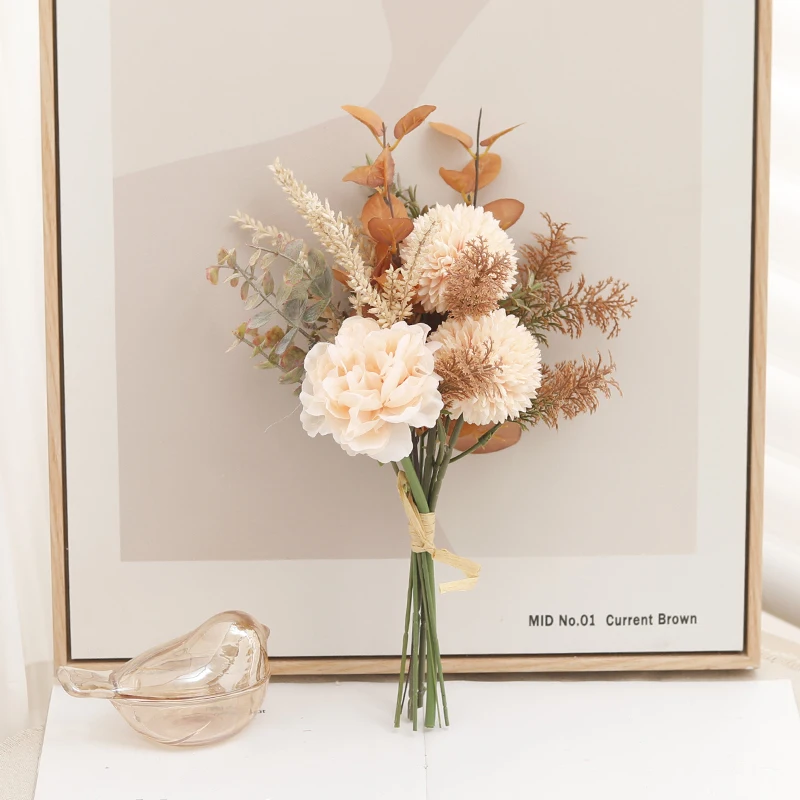 Champagne Artificial Flowers Silk Peony For Indoor Fake Floral Dandelion Ball Home Wedding DIY Decorations Bride Bouquets Crafts