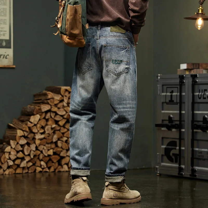 جينز أمريكي عتيق خريفي جديد للرجال فضفاض مستقيم من قماش الدنيم سروال هارلم موضة الشارع الهيب هوب ملابس العمل الجينز Y2K #1