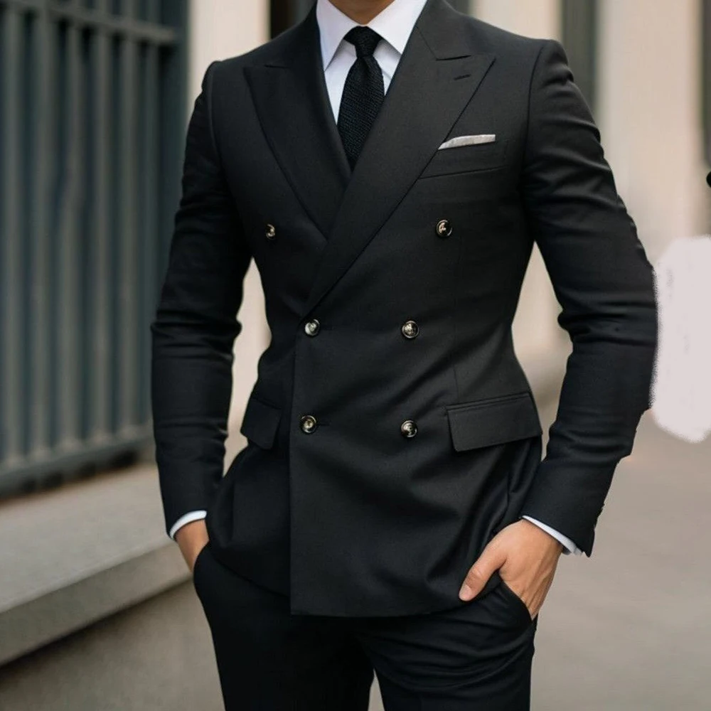 

Elegant Black Men Suits Double Breasted Business Blazer Fashion Flim Fit 2 Piece Jacket Pants Costume Homme Pour Mariage