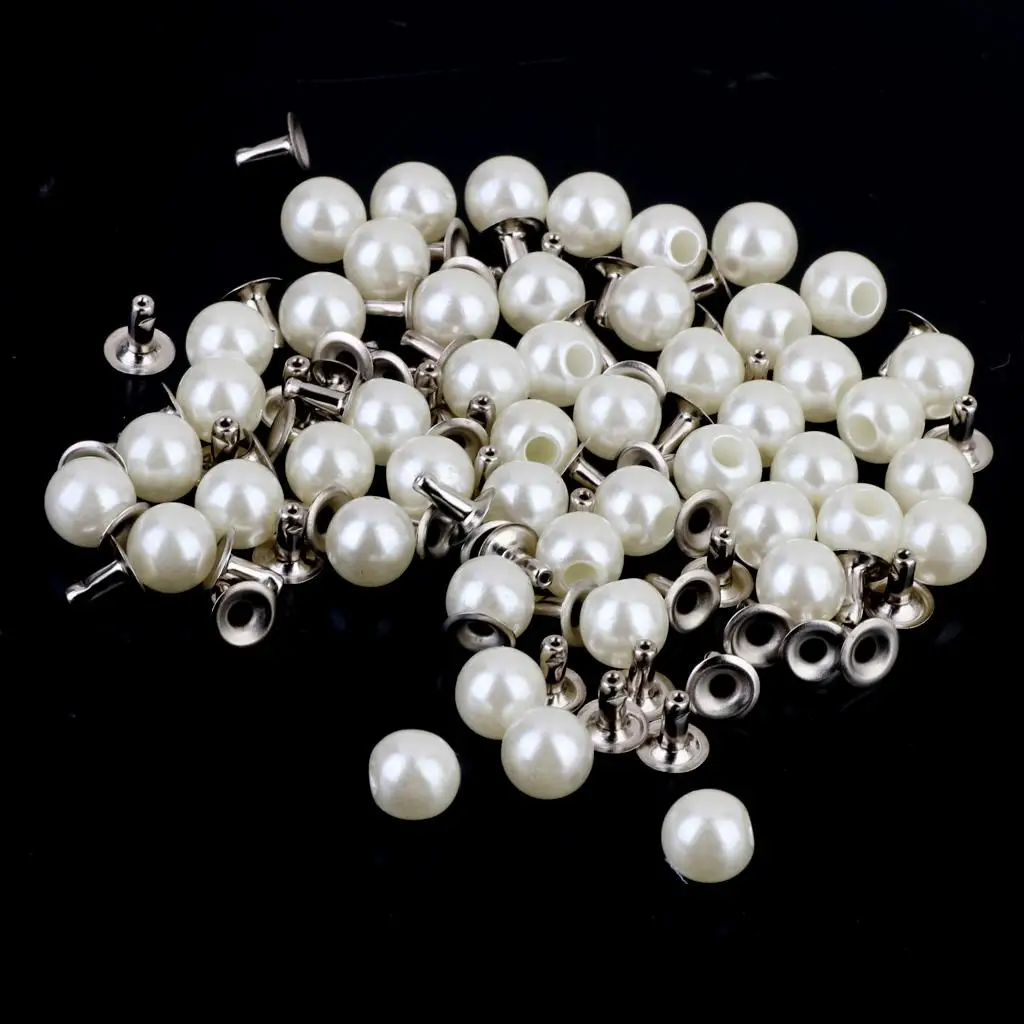 100pcs 8mm Pearls W/ Rivets Stud Button Leather Craft Bag Jeans Decor