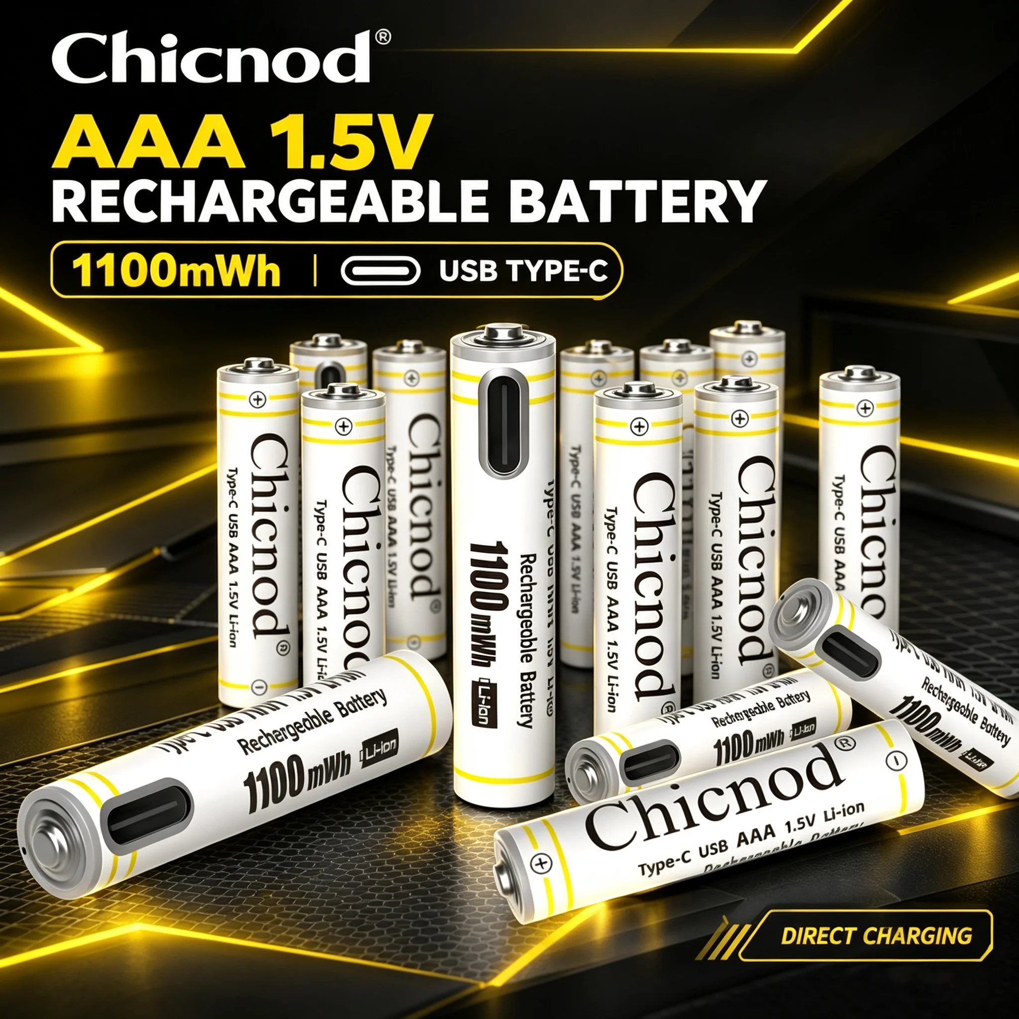 CHICNOD AAA 1.5V 1100mWh Rechargeable Li-ion Battery USB Type-C Direct Charging White Constant Voltage for Remote Control Toys