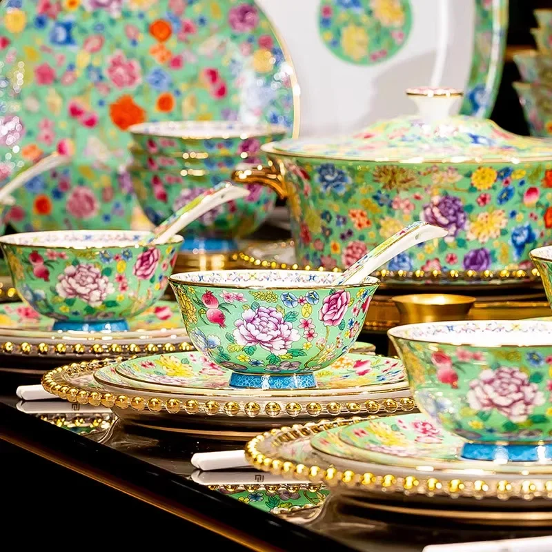 PYH high-end tableware set Jingdezhen bone china enamel color court style household housewarming new home dishes