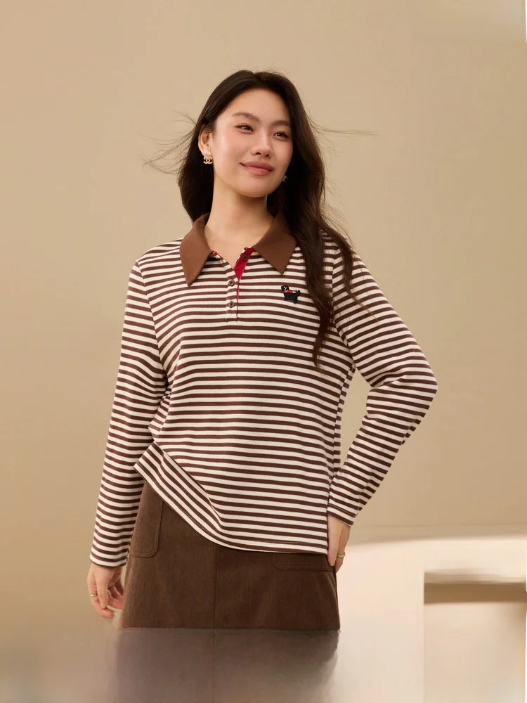 

Повседневная женская футболка с воротником в полоску, больших размеров, модная, универсальная, из смесового хлопка, с длинным рукавом, зимняя новинка, топ