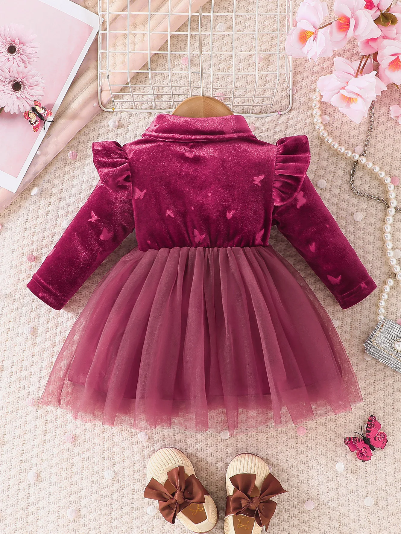 Winter 2024 Girls Dress Girls Long Sleeve Turn-down Collar Bow Blue Cute Preepy Look Birthday Party Dresses Vestidos 3M-3T