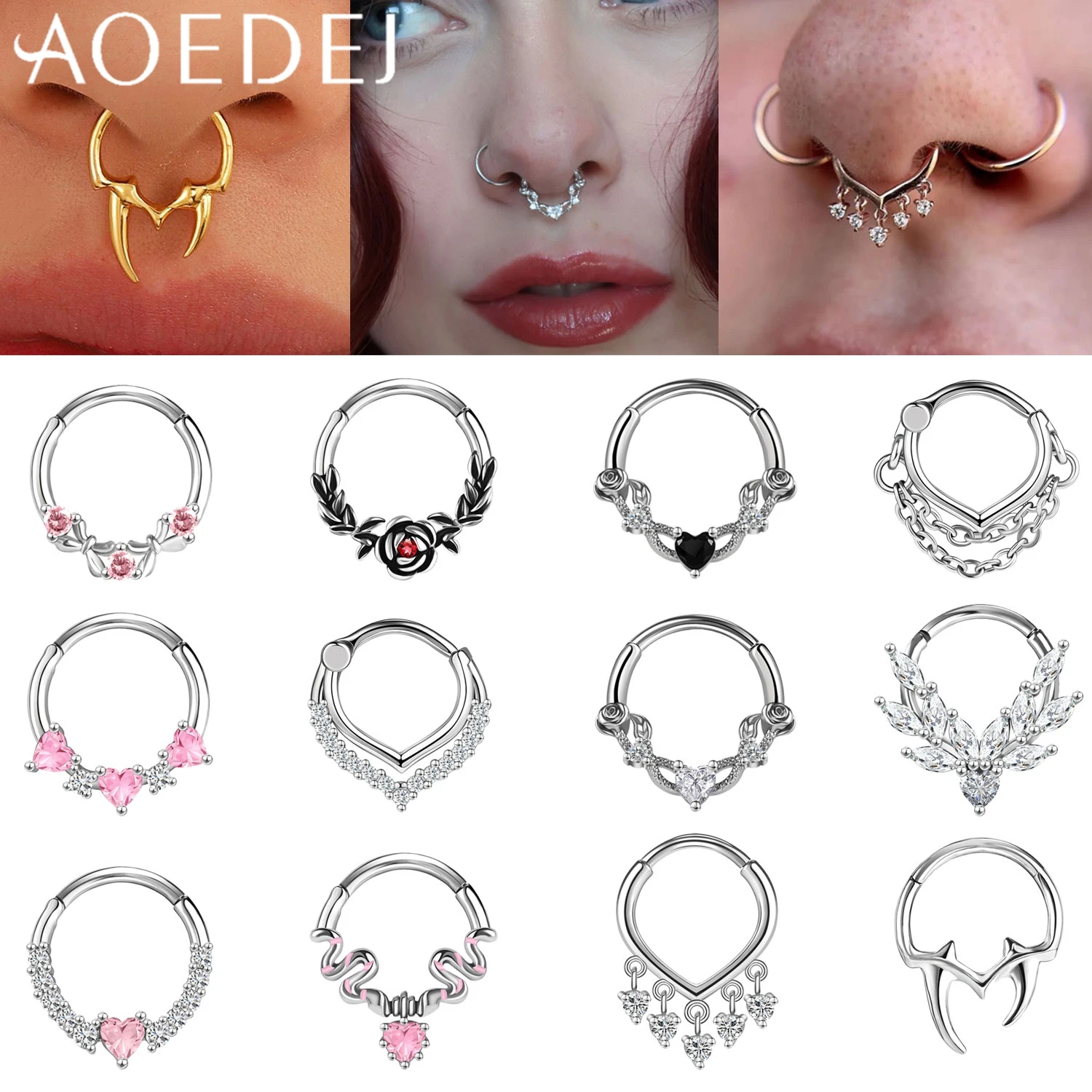 AOEDEJ 1 Stück 16G Edelstahl Nasenring Rose Schlangenform Septum Piercing CZ Kristall Helix Knorpel Ohrring Schmuck 8/10 MM